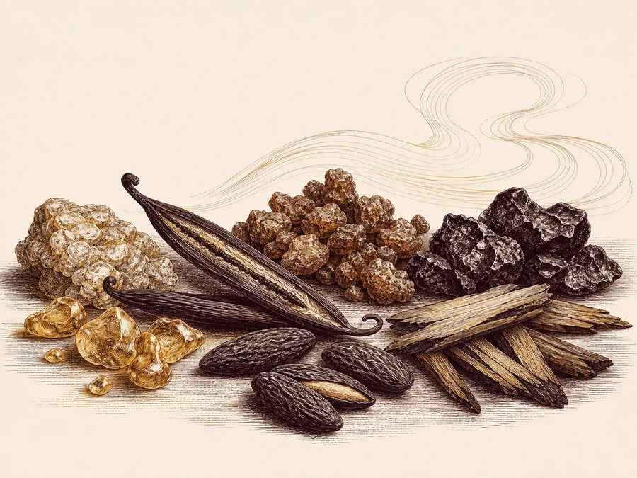 Benzoin, vanilla, myrrh, labdanum, tonka and smoky woods