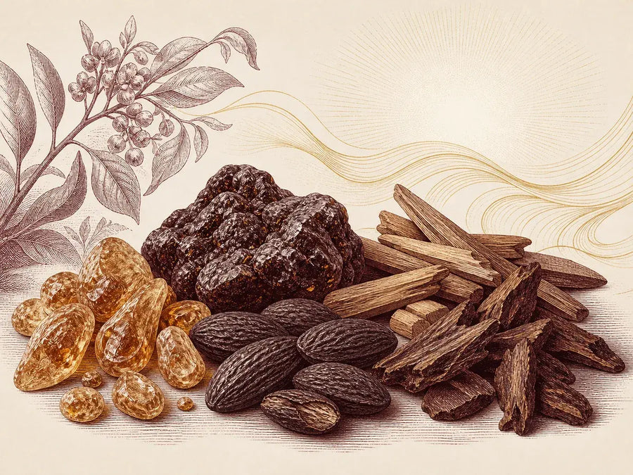 Benzoin, labdanum, tonka, guaiac wood, oud and musk