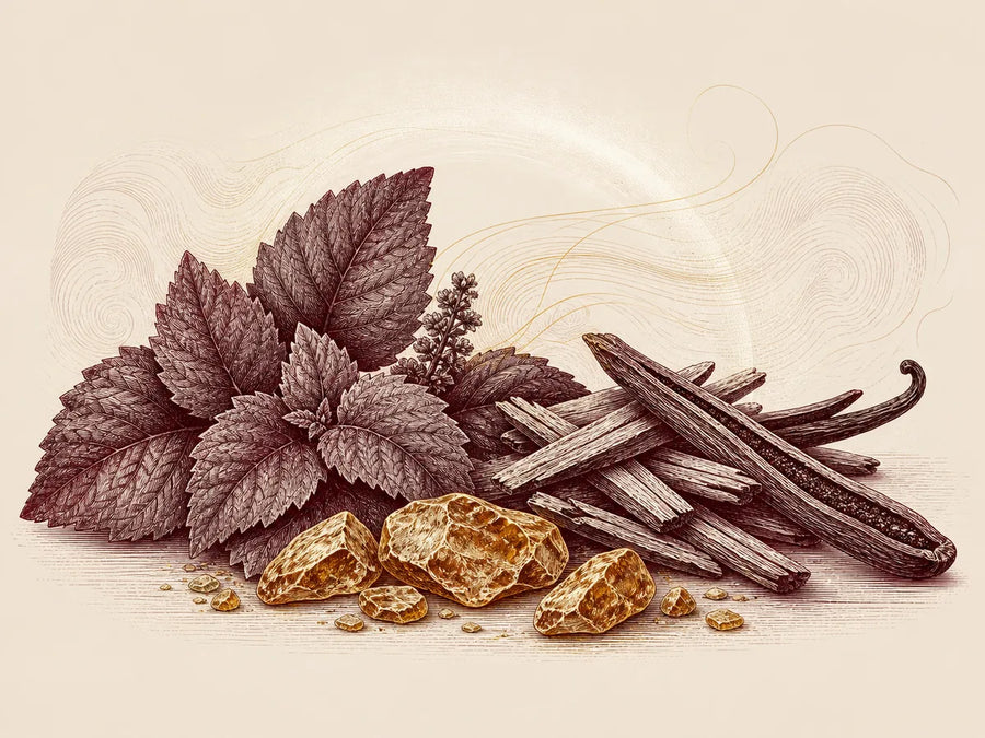 Patchouli, cedarwood, mineral amber, vanilla and musk