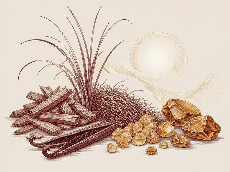Vanilla, cedarwood, vetiver, frankincense, amber and musk