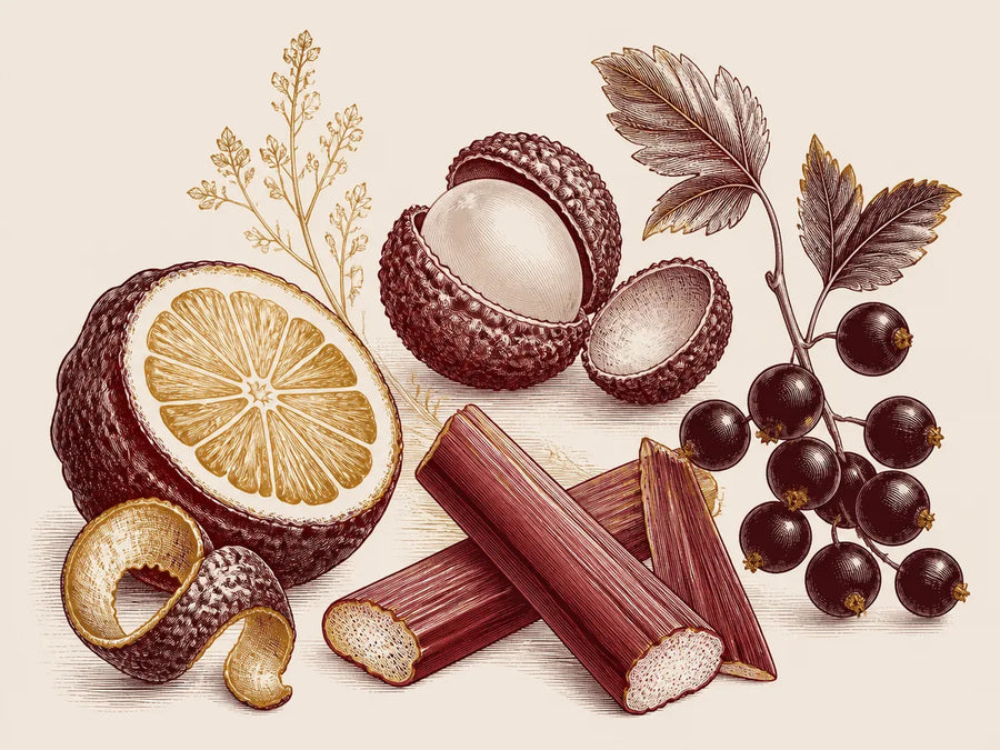 Bergamot, lychee, rhubarb, blackcurrant