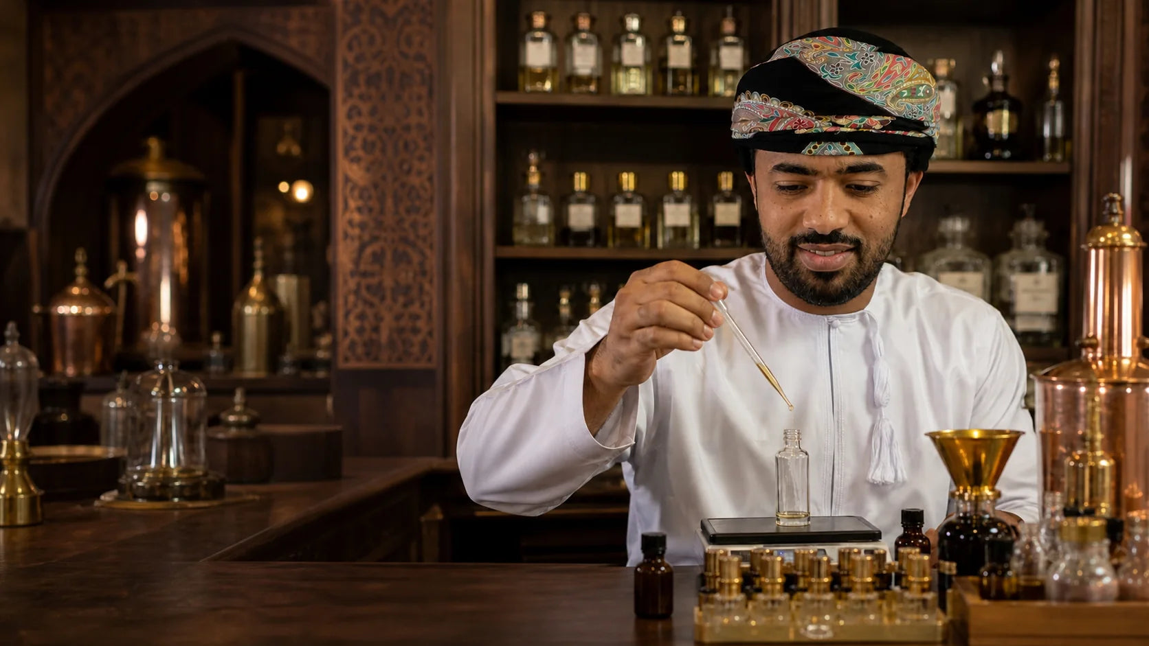 Mohammed Al Hakmani composing a fragrance in the Nour Al Oud atelier