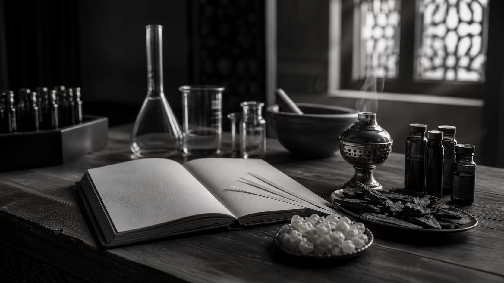 Monochrome editorial still life of fragrance-composition tools, frankincense and oud wood